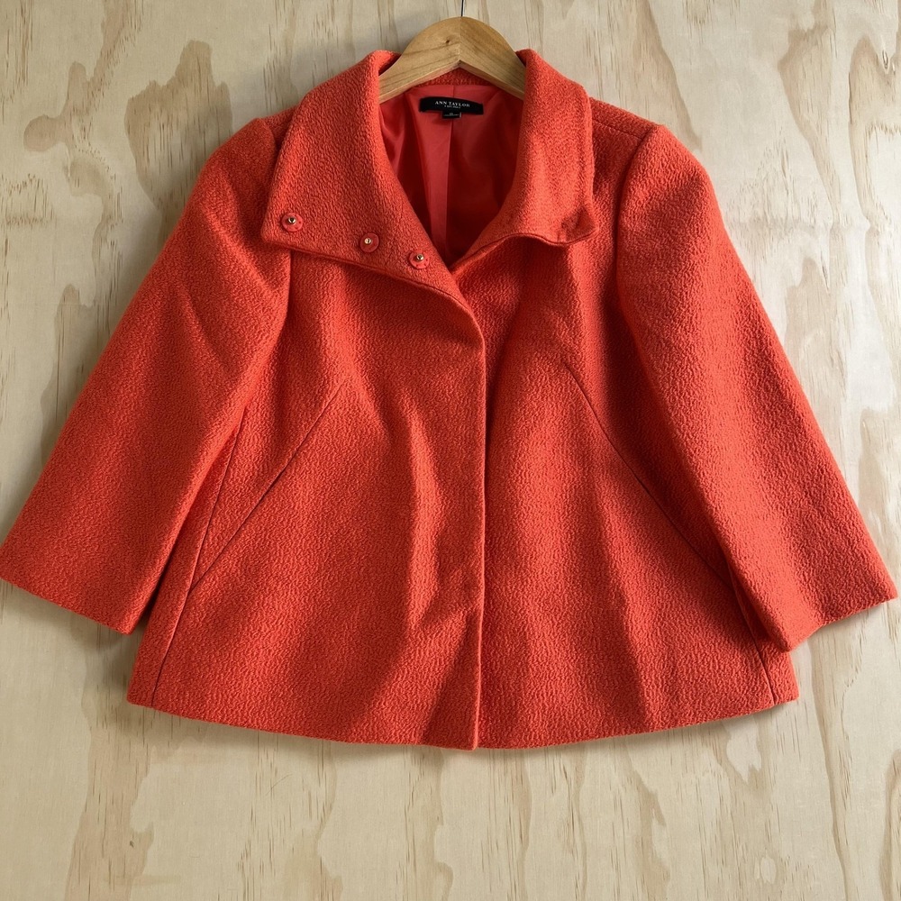 Ann Taylor Coat Womens 0‎ Orange Wool Short Snap Front 3/4 Sleeve Lined Collared